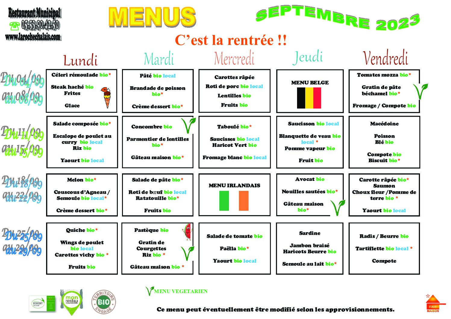 Menus du mois de Septembre La RocheChalais